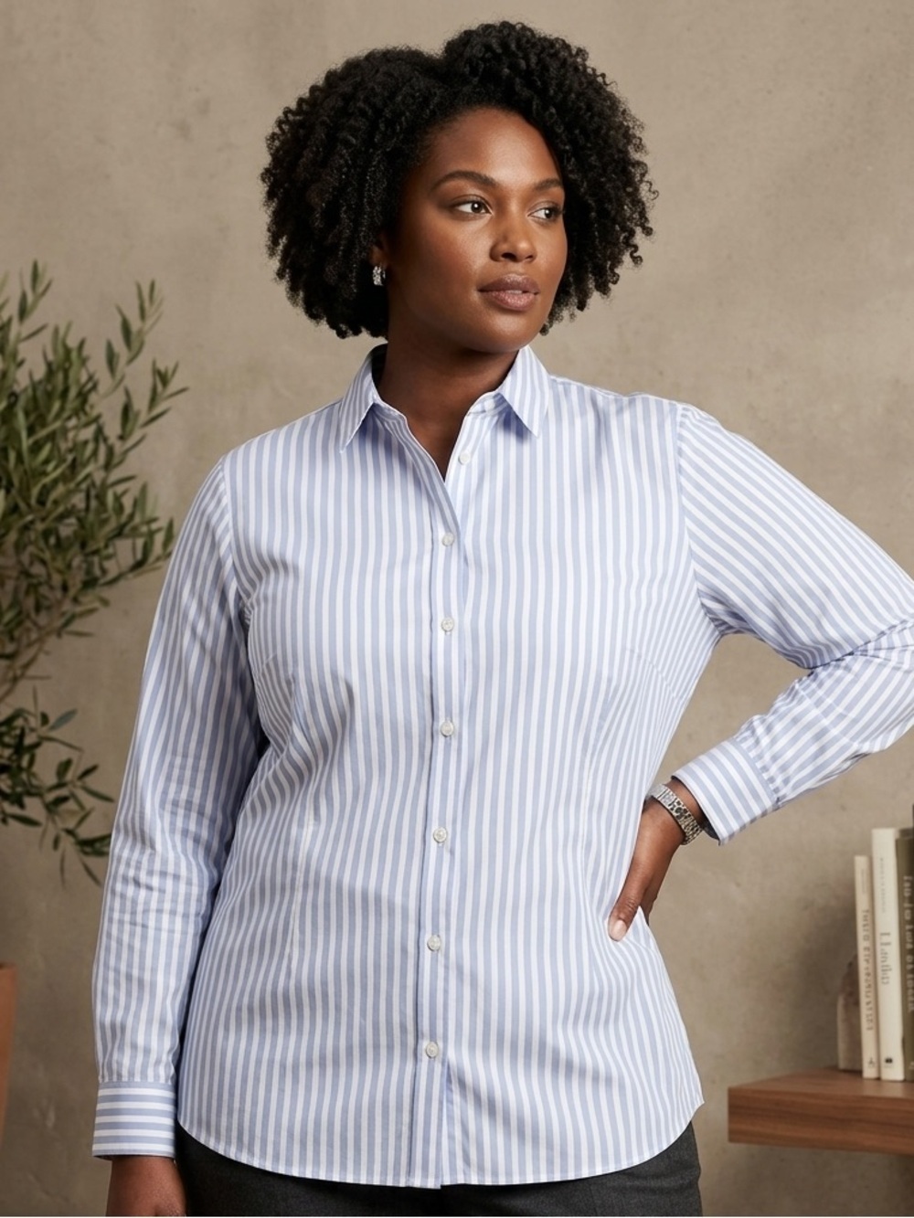 Chico's Blue and White Striped Button-Front Shirt